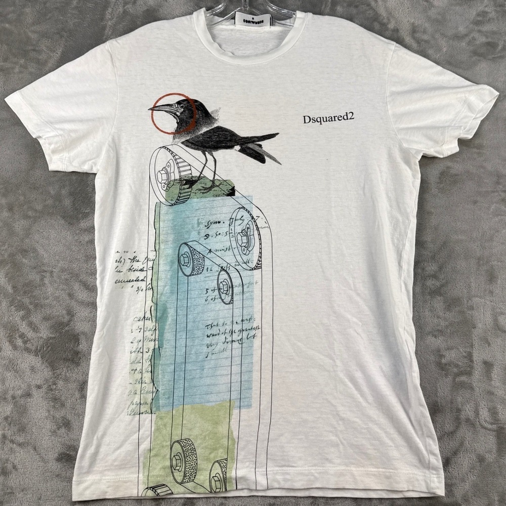 Dsquared2 T-Shirt Mens M White Bird Mechanical Graphic EUC